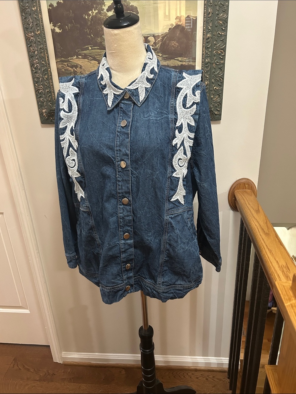 Embroidered Dark Blue Denim Jacket with White Appliqué